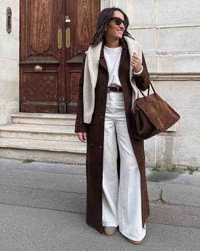 STYLE NOTES: To style it, pair white trousers with a brown wool coat, and  complete the outfit with other pieces like a white t-shirt. 🤍🤎