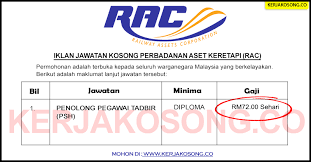 Untuk makluman, terdapat beberapa kekosongan jawatan yang dibuka untuk permohonan oleh pihak perbadanan aset keretapi (rac). Jawatan Kosong Perbadanan Aset Keretapi Rac