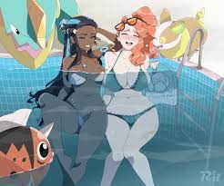 2girls aqua eyes black hair blue eyes breasts brown skin  chocolate and vanilla cleavage dark-skinned female dark skin drednaw female  game freak generation 1 pokemon generation 8 pokemon large