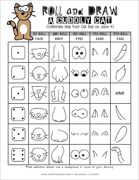 Roll And Draw Cuddly Cat Printables C Artbysaroum Com Drawing Games For Kids Drawing Activities Drawing Games