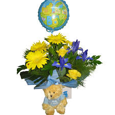 Baby arrival unique greeting card. Baby Boy Boxed Arrangement With Teddy Bear Air Filled Balloon