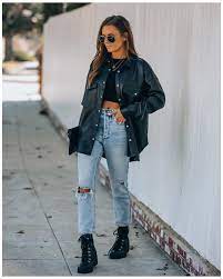 Bronx Faux Leather Shacket Oversized Black Denim Jacket Outfit Fall Overs In 2021 Faux Leather Jacket Outfit Leather Jacket Outfits Oversized Black Denim Jacket