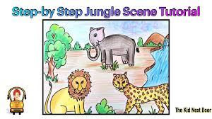 Draw short lines to mark bushes in front. Learn To Draw An Easy Jungle Scene How To Draw Wild Animals In A Forest The Kid Next Door Youtube