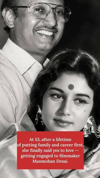 In 1992, a middle-aged Nanda became engaged to director Manmohan Desai at the urging of Waheeda Rehman. But soon he died after falling from the terrace of his rented flat in Girgaon,