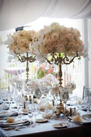 Candelabras With Blush Ivory And White Floral And Crystals Hanging Wedding Flowers Wedding Table Flowers Wedding Decorations