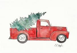 Red Truck With Christmas Tree Original Watercolor Painting 9x12 Vintage Illustration Holiday Decor Green Pine Tree Christmas Watercolor Watercolor Christmas Cards Christmas Paintings