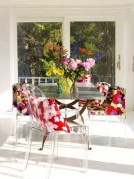 Modern Dining Room With Ghost And Mademoiselle Chairs In Missoni Fabric Love Those Fresh Dining Room Colors Dining Table Centerpiece Acrylic Dining Chairs