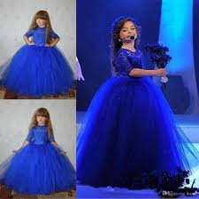 Royal Blue Ball Gown Flower Girl Dresses Half Sleeve Lace Appliques Tulle Sweet Kids Formal Kids Pageant Dresses Cute Flower Girl Dresses Girls Fashion Clothes