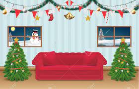 Snow,holiday backdrop, panoramic christmas living room with a christmas tree, gifts and bed. Night Christmas Party Room Decorated Background Royalty Free Cliparts Vectors And Stock Illustration Image 89843801