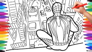Crayola spiderverse coloring book pages, 1 full color spiderman poster, gift for teens & adults, 28 pages. Spiderman In The City Coloring Pages Coloring Painting Spiderman On The Roof Of New York Youtube