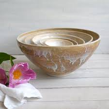 Set Of Four Rustic Mixing Bowls In Dripping White And Ocher Glaze Ready To Ship Rustic Mixing Bowls Hand Thrown Pottery Pottery