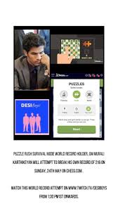 Nov 21, 2018 · you'd have puzzle rush —chess.com's new feature that has everyone with early access going crazy. Rakesh Kulkarni On Twitter Gm Murali Karthikeyan Will Attempt To Break His Own Record Of 216 Correct Answers On Puzzle Rush Survival Mode On Chesscom Watch This World Record Attempt By