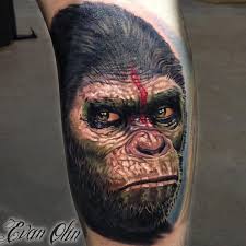 Planet of the apes is an american science fiction media franchise consisting of films, books, television series, comics, and other media about a world in which humans and intelligent apes clash for control. Full Color Realistic Portrait Of Caesar From Dawn Of The Planet Of The Apes Tattoo By Evan Olin Tattoonow