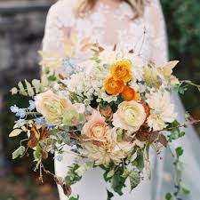 Wooden flower bouquet, anemone and dahlia bouquet, slate blue, eucalytpus, boho wedding bouquet, ivory and dusty blue, sola wood flowers. 21 Blue Wedding Flowers For Your Something Blue