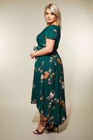 Ax Paris Curve Dark Green Floral High Low Wrap Dress