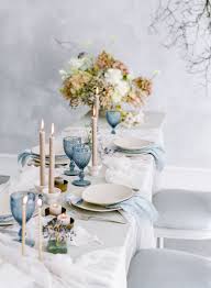 Serene Coastal Bridal Inspiration In Blue And Grey Hues Via Magnolia Rouge Blue Table Settings Wedding Table Settings Blue Themed Wedding