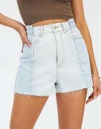 Two Tone High Waisted Denim Short In Wash Light Glassons
