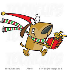 Dog bulldog tangled christmas lights greeting card vector. Cartoon Christmas Dog Carrying A Present 4649 By Ron Leishman