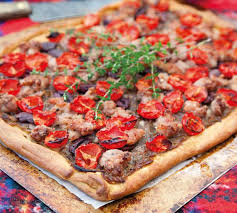 Sausage Tomato And Olive Pissaladiere Annabel Langbein Recipes Recipes Food Homemade Sausage