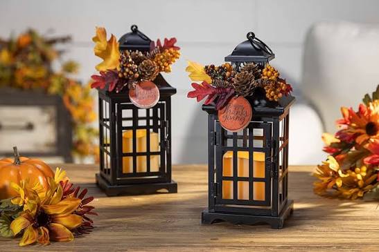 Set of 2 Battery Operated Lighted Fall Metal Lanterns with Floral Accents  and Timer