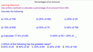 Percentages Of An Amount Non Calculator Methods Method Equivalent Fractions Calculator