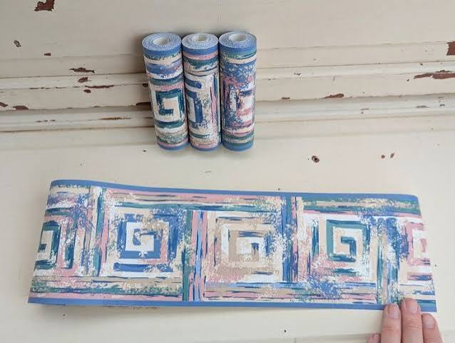Vintage Wallpaper Border 1990s Blue Green Pink Geometric Design Pre-pasted Strippable Washable Wall Border Decor