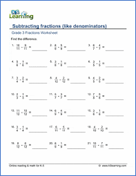 Fractions show how much you have of something, like 1/2 of a tank of gas or 1/3 of a cup of water. Grade 3 Math Worksheet Subtracting Fractions With Like Denominators K5 Learning