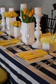 Black And White Striped Tablecloth Near Me Perfect Multi Level Centerpieces For A Rectangular Table Scape Yellow With Black And White Stripes Table Decorations Table Settings Dressing Your Table