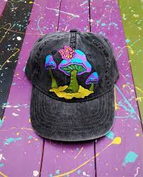 Hand Painted Psychedelic Butterfly Landing On Magic Mushroom Gray Denim Baseball Cap By Bleudoor On Instagra In 2021 Painted Hats Hand Painted Hats Embellished Jacket