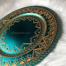 Turquoise Moroccan Henna Design Charger Plate Mehndi Thaal Moroccan Style Colorful Faux Flowers Charger Plates Wedding