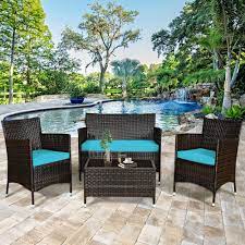 Furnimy 3 pieces outdoor furniture wicker patio set, bistro set outdoor conversation set pe rattan patio dining set for porch balcony yard, space saving design, no assembly required (turquoise) $205.00 $ 205. Gymax 4pcs Patio Rattan Conversation Furniture Set Outdoor W Turquoise Cushion Walmart Com Walmart Com