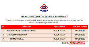 Mamee,1,kerja swasta,12,kfc,2,kia,1,kimma,1,kl fertility & gynaecology,1,klc,1,klinik mewah 6,1,klinik pergigian rilla rusli,1,knight frank malaysia,1,koi. Iklan Jawatan Kosong Felcra Berhad Sebagai Fitter Mekanikal Penyelia Pengeluaran Kilang Chargeman Elektrik 2019
