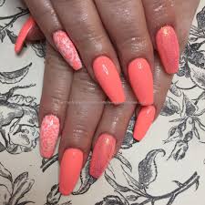 Minion nails are a great option for girls all over the world. Eye Candy Nails Training Tapered Acrylics With Neon Coral Gel Polish With Iridescent Glitter And White Lace By Amy Mitchell On 15 March 2017 At 12 25