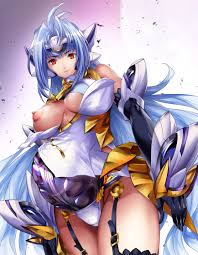 ma-sa, kos-mos, kos-mos ver. 4, xenosaga, xenosaga episode iii, 1girl,  android, blue hair, breasts, elbow gloves, female focus, gloves, large  breasts, long hair, looking down, nipples, one breast out, pregnant, red  eyes,