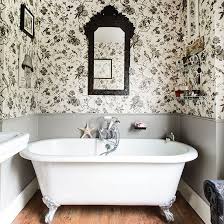 Black And White Toile Wallpaper Bathroom Black And White Bathroom With Roll Top Bath Small Bathroom Wallpaper Edwardian Bathroom Traditional Bathroom Designs