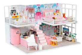 Pokadoll Diy Toy Cute Pink Miniature Dollhouse Penthaus Casa De Bonecas Quarto De Brinquedo Para Criancas Maquetes De Casas