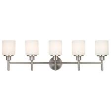 Fabulous brushed nickel bathroom light fixture jeeworld. Design House Aubrey 5 Light Satin Nickel Vanity Light 556225 The Home Depot