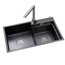 Evier double bac en pierre bleue type de pierre : Evier De Cuisine Noir En Acier Inox Double Bac Avec Drain Distributeur De Savon