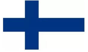 Finland national flag waving on pole against sunny blue sky background. Fahne Finnland