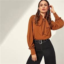 Rust Frill Detail Tied Neck Bishop Sleeve Buttoned Cuff Elegant Women Blouse Womens Long Sleeve Shirts Work Wear Women Blouses For Women