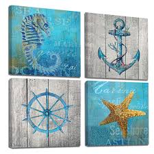 It is undeniable that rustic bathroom decoration is currently popular in many quarters. Bathroom Wall Decor Vintage Rustic Wall Decorations For Bedroom Blue Nautical Theme Canvas Wall Art Anchor Starfish Rudder Shell Wall Decor For Man Gift Artwork For Walls 4 Piece Framed Wall Art