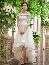 Discount Vintage Style High Low Wedding Dresses Off Shoulder Half Sleeve Flower Belt Lace Wedding Dresses High Low Wedding Dress Organza Wedding Dress Sleeves
