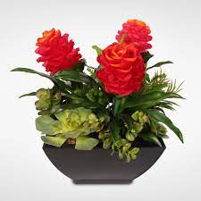 Silk Red Ginger And Artificial Succulents In A Modern Matte Finish Metal Planter S 61h Artificial Succulent Plants Artificial Plant Arrangements Artificial Plant Wall