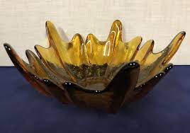 Large one is 11 wide, medium one is 8 1/4, small is 6 1/4. Mid Century Modern Amber Glass Bowl With Serrated Edge Vintage Art Glass Bowl W Spikey Rim Vintage Flower Petal Bowl Collectible Art Glass Bowl Vintage Art Glass Vintage Flowers