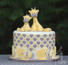 Giraffe Baby Cake Yellow And Grey Baby Cake By The Happy Caker Https Www Facebook Giraffe Baby Shower Cake Elephant And Giraffe Baby Shower Giraffe Cakes