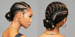Um This Braided Bun With Gold Stitching Is Definitely The Next Style You Need To Try Curly Hair Styles Braided Bun Hairstyles Box Braids Hairstyles