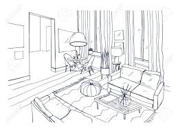 Freihandig Zeichnen Des Wohnzimmers Voll Der Stilvollen Bequemen Mobel Und Hauptdekorationen Skizze Des Interieurs Der Modernen Wohnung Hand In Schwarz Weiss Farben Gezeichnet Monochrome Vektor Illustration Lizenzfrei Nutzbare Vektorgrafiken Clip