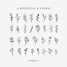 Botanical Floral Black White Clipart Bundle Set Png Flowers Etsy Simple Flower Tattoo Small Flower Tattoos Leaf Tattoos