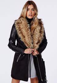 Missguided Orla Faux Fur Leather Biker Sleeve Coat Black Shopstyle Black Faux Fur Coat Womens Faux Fur Coat Coats For Women