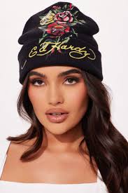 Women's Ed Hardy Roses Beanie Hat in Black/Combo